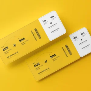 Yellow airline ticket with flight details from AUS to BRA, featuring the name "Johathan Smith."