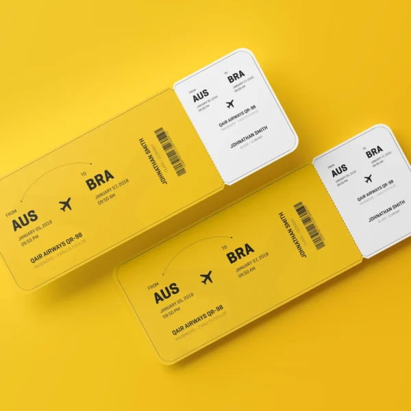 Yellow airline ticket with flight details from AUS to BRA, featuring the name "Johathan Smith."