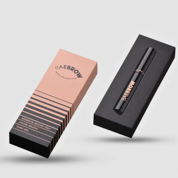A rigid box with a black and peach design, featuring the Bae Brow logo and product details.