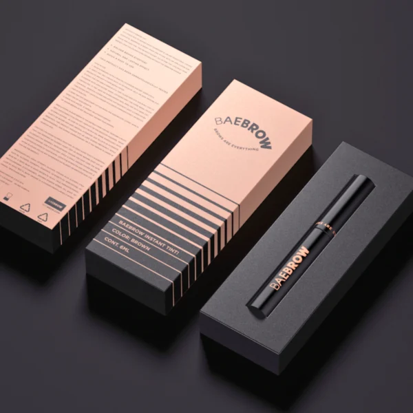 A black rigid box with the Bae Brow logo and product details, showcasing a black tube with a silver trim.