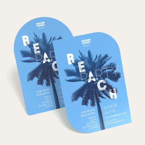 Beach party invitation flyers with palm trees and event details.