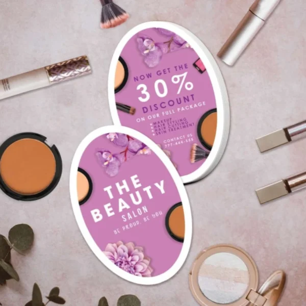 Elegant oval flyer for a beauty salon with discount details.