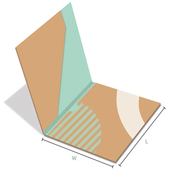 A blank 2 panel CD jacket showing an abstract design with dimensions labeled width and length.