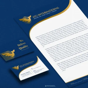 Blue letterhead and business card set with gold accents for "ATG International."