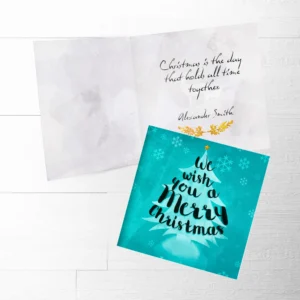 Festive Christmas greeting card design with a tree illustration and a quote inside.