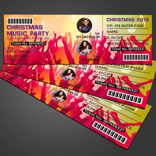 Set of Christmas music party tickets featuring vibrant graphics and artist names.