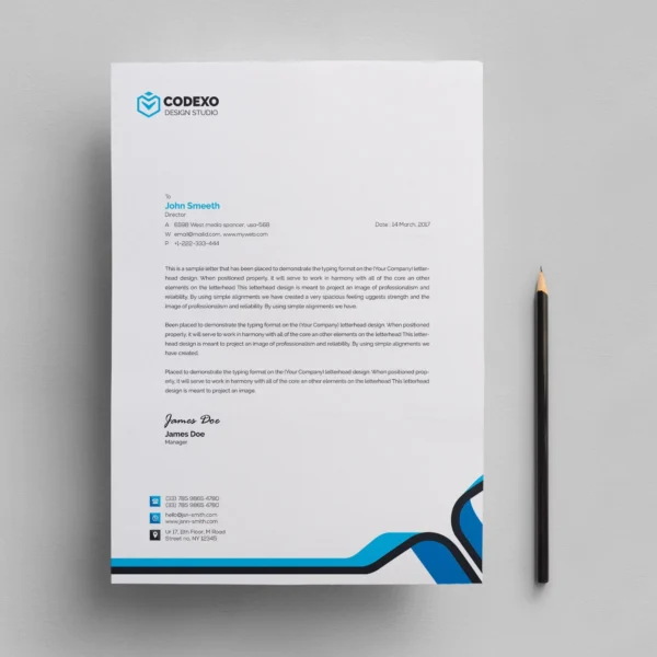 Sample letterhead design featuring the name "Codexo" and a professional layout.