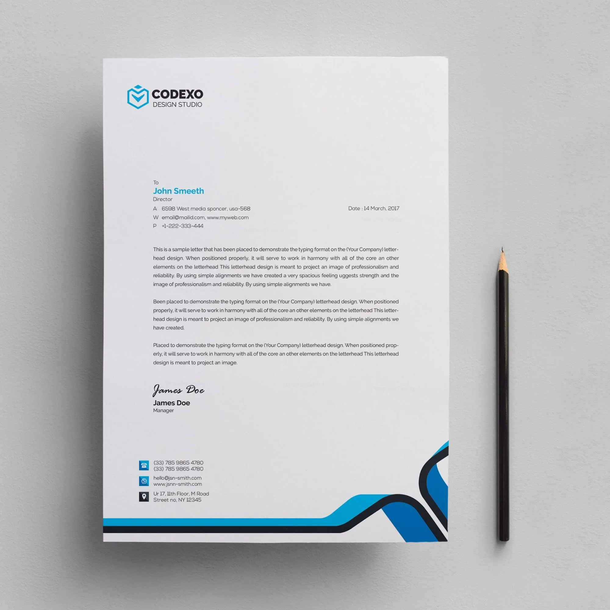 Sample letterhead design featuring the name "Codexo" and a professional layout.