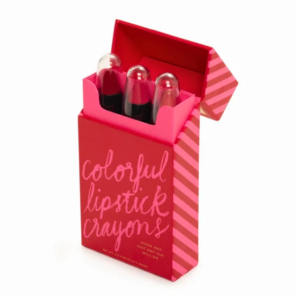 A pink box containing colorful lipstick crayons.