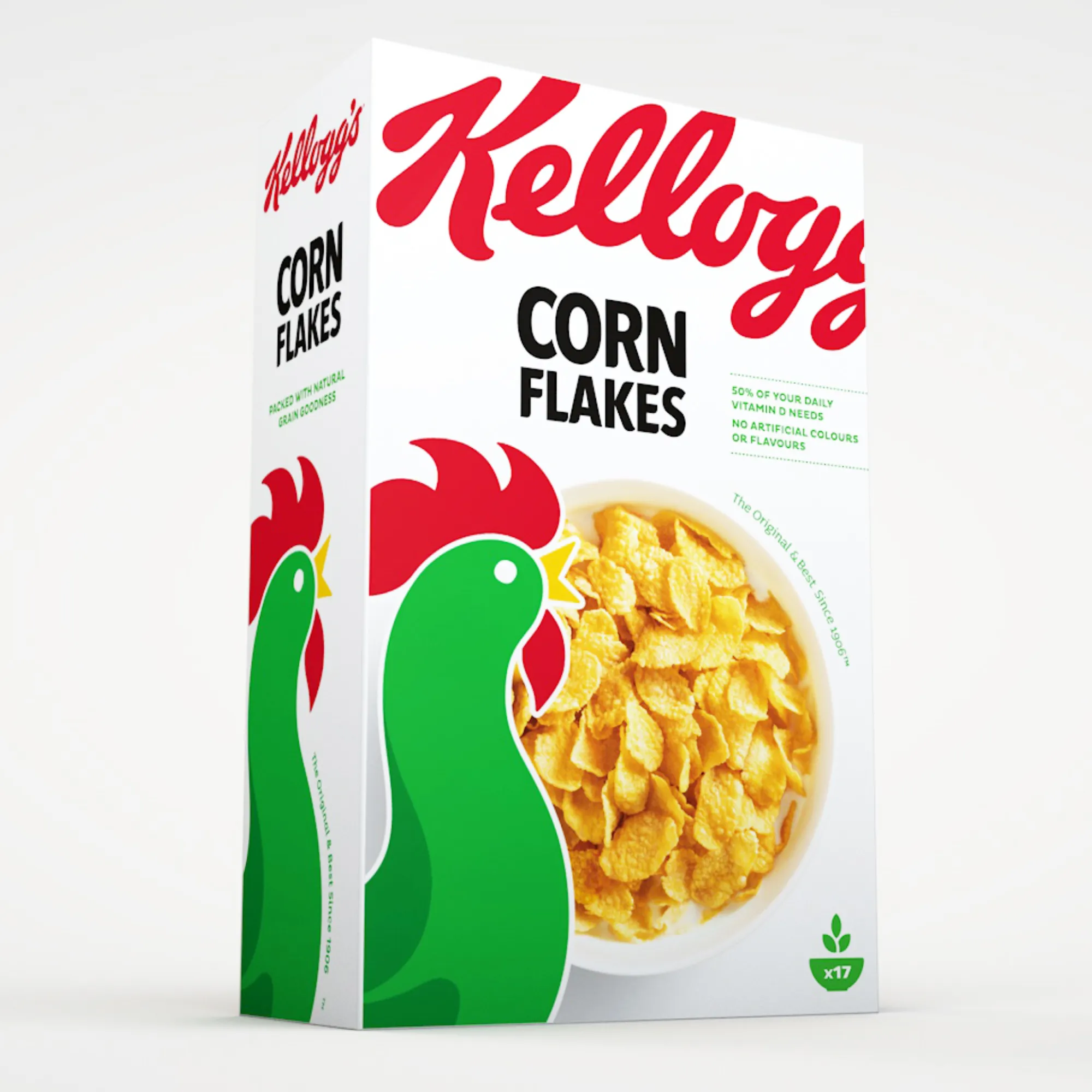 Kellogg's Corn Flakes box with a green rooster and a bowl of corn flakes.