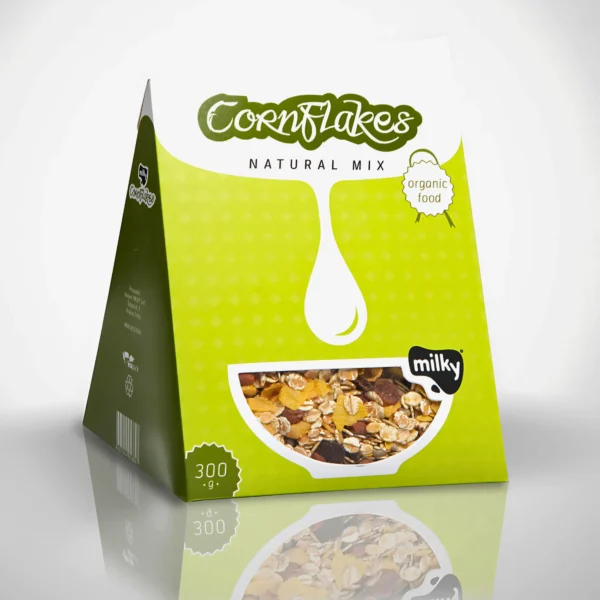 Unique triangular cereal box design featuring cornflakes, labeled "Natural Mix," in vibrant green color.