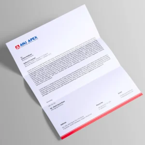 Folded letterhead with a blue and red theme, featuring contact information.