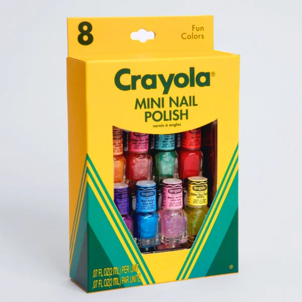 Crayola mini nail polish set with colorful bottles in a yellow packaging.