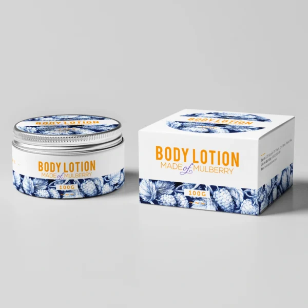 Custom body lotion packaging with a decorative box and tin.