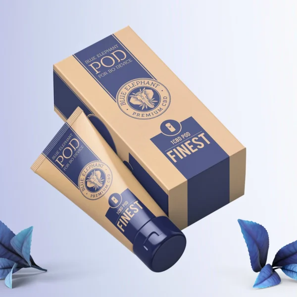 Blue Elephant CBD lotion pod packaging alongside a tube.
