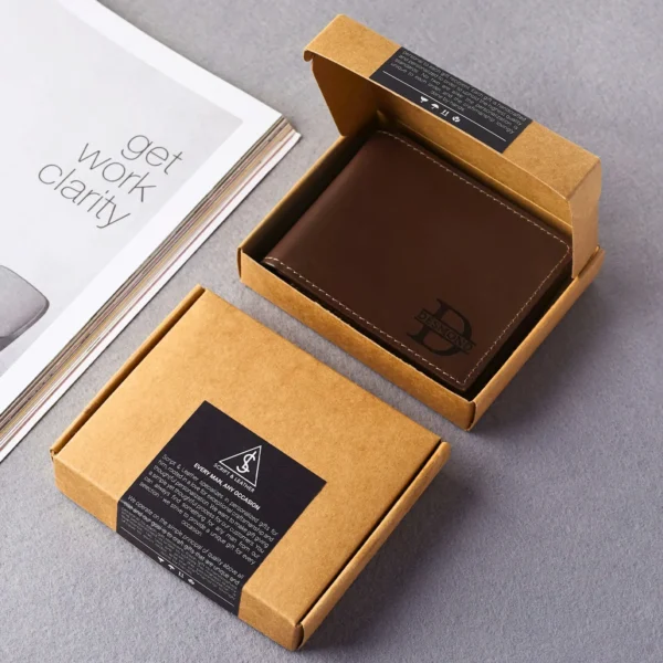 Custom wallet box with a brown wallet and a printed label, displayed alongside a magazine.