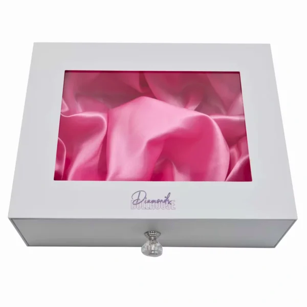 Custom white wig box with a transparent window showcasing pink satin interior.