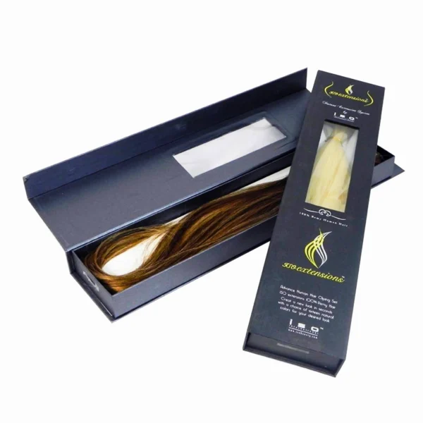 Hair extension box with long hair strands displayed.