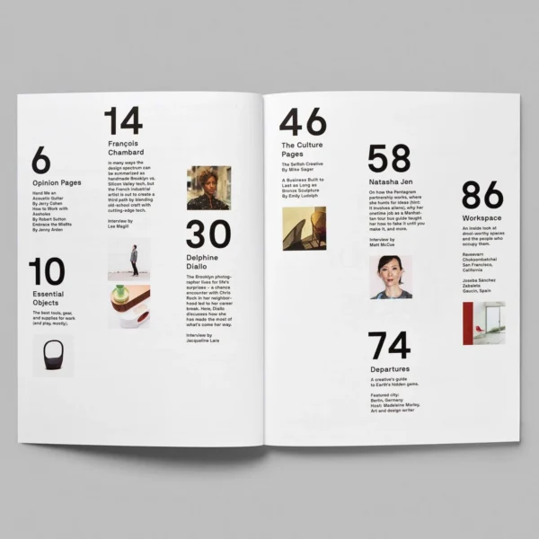 Magazine content layout featuring list entries and images of various contributors.