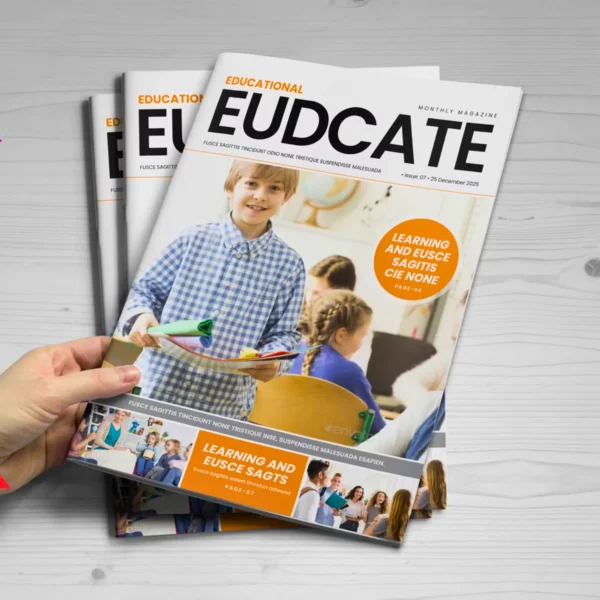 Educational magazine cover held in hands, showcasing a child with educational materials.