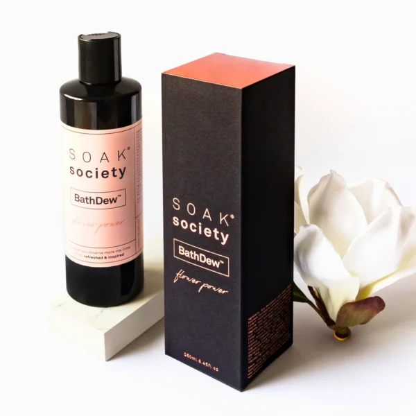 Custom lotion bottle and box in elegant packaging with a flower motif.