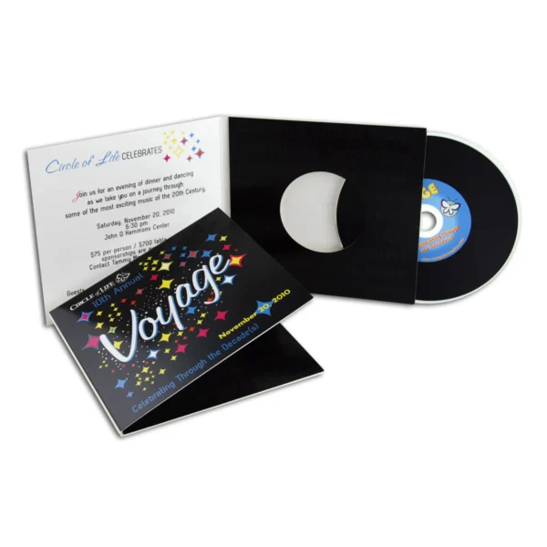 A formal 2 panel CD jacket with event details and a CD featuring a colorful design.