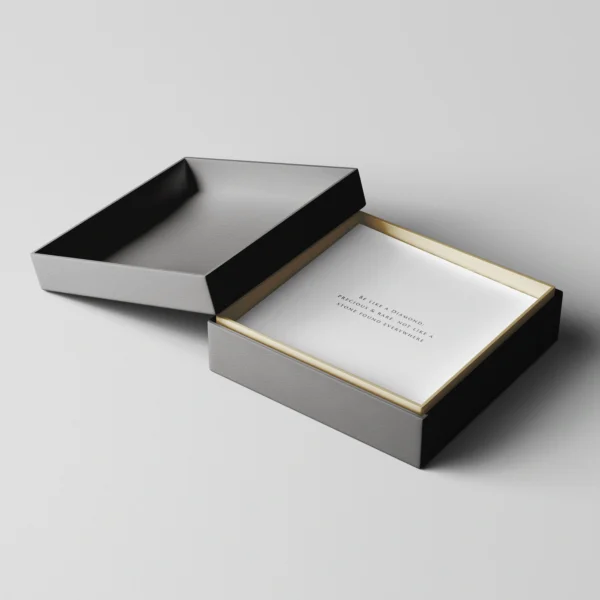 Open black two-piece rigid box with a quote inside.
