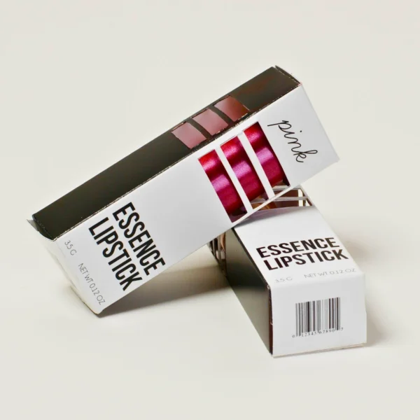 Essence lipstick packaging in pink and black.