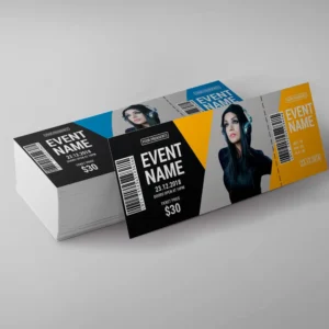 Stack of event tickets with a female presenter and colorful design elements.