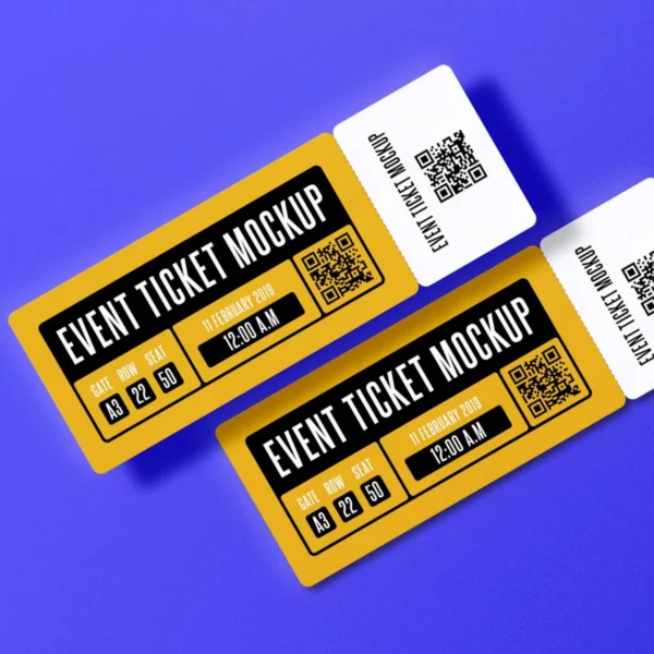 Two event tickets mockup showing gate, row, and seat details.