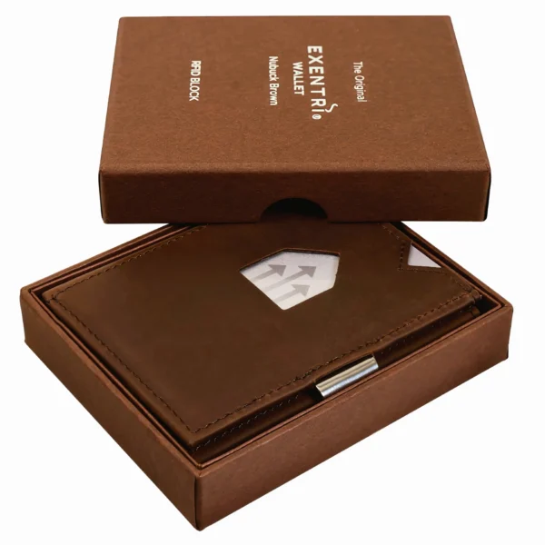 Exentri wallet in a brown box, showcasing its sleek design.