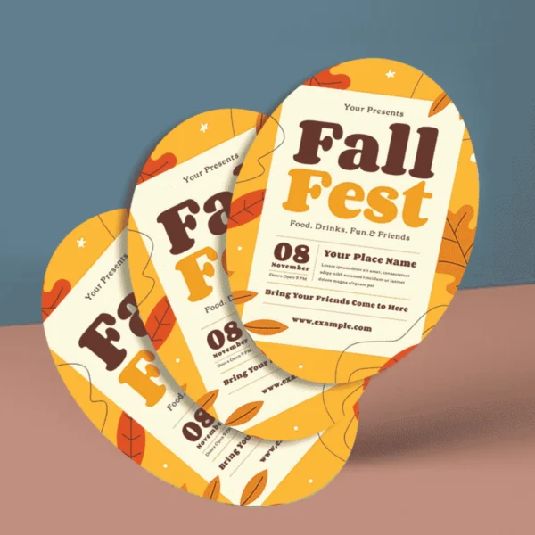 Colorful oval flyer for "Fall Fest" event with autumn leaves design.