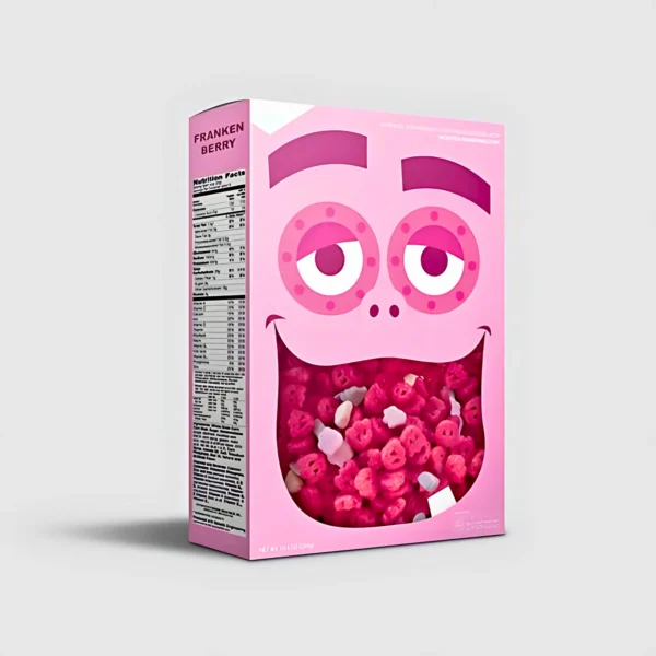 Vibrant pink cereal box with a cartoon monster face and pink cereal visible.