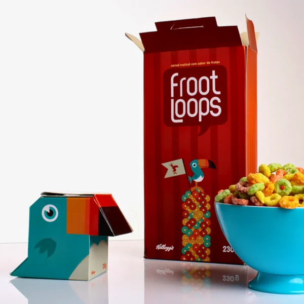 Froot Loops cereal box alongside a colorful toucan-shaped carton and a bowl of colorful cereal.