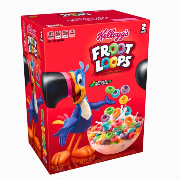 Colorful Froot Loops cereal box with a vibrant toucan character.