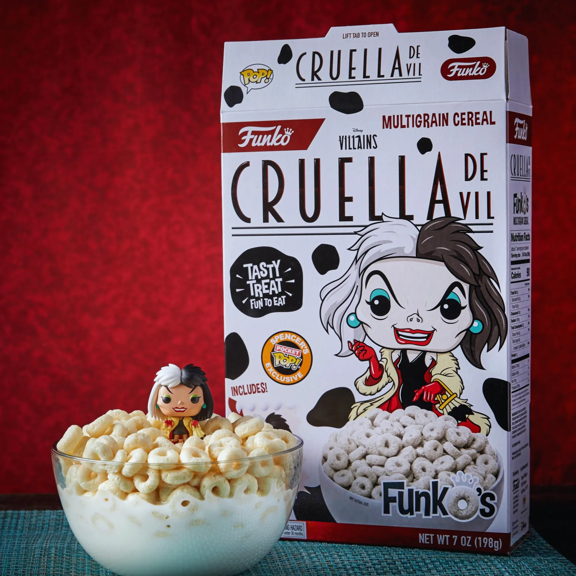 Funko's Cruella de Vil cereal box featuring a bowl of cereal and a Funko Pop figure.