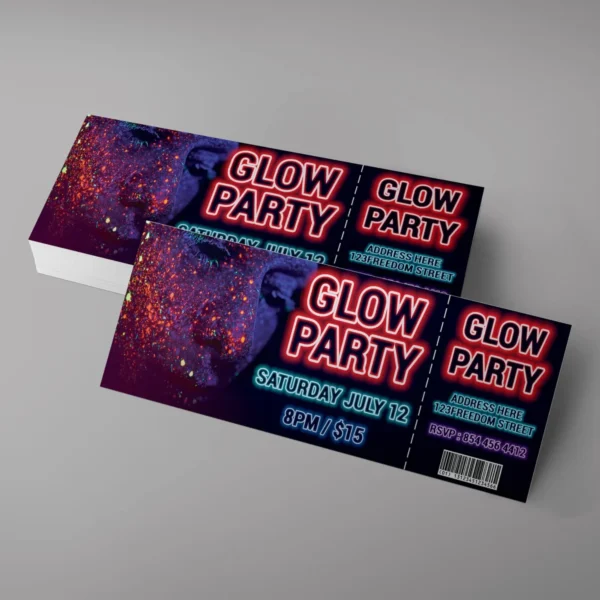 Two glow party tickets featuring neon text and colorful design.