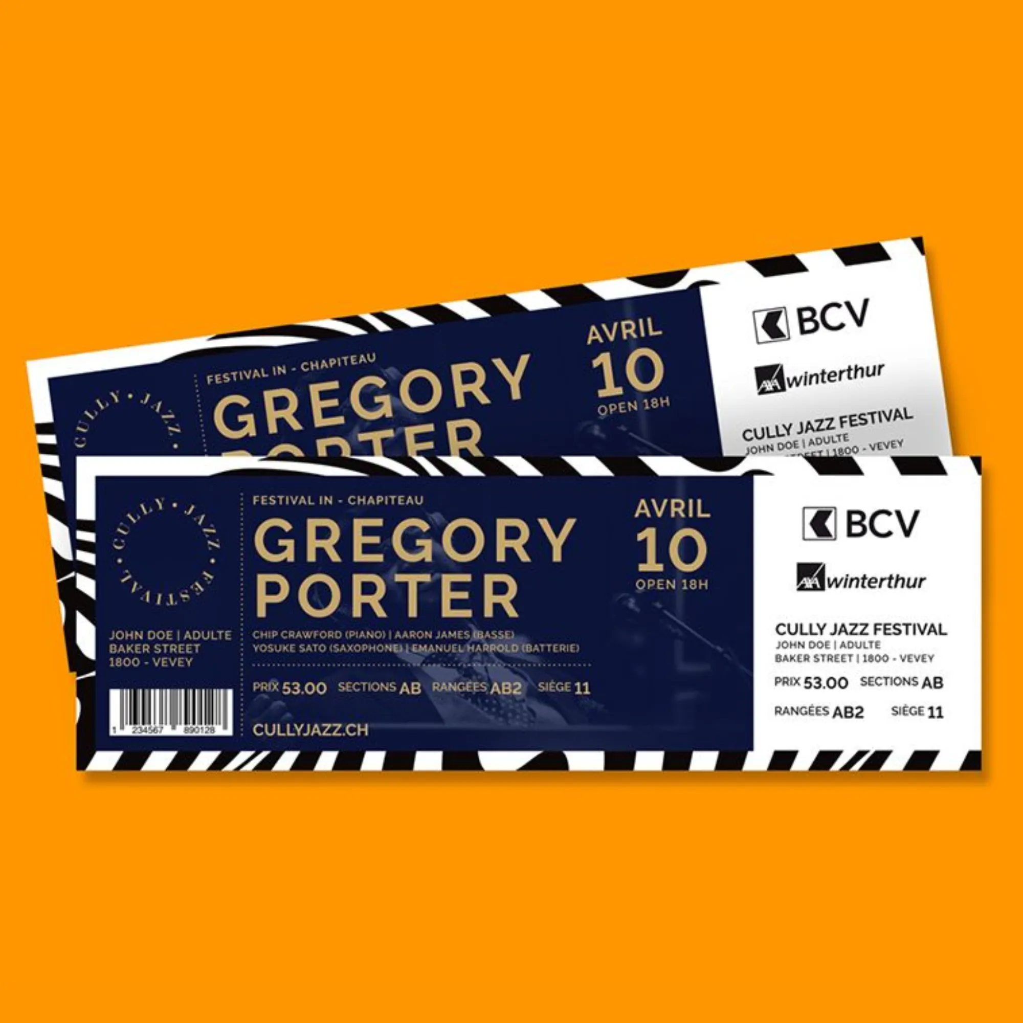 Tickets for the Gregory Porter concert at the Cully Jazz Festival displayed on a vibrant background.