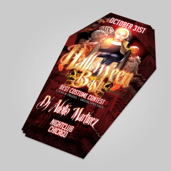 Halloween party flyer with costume contest details.