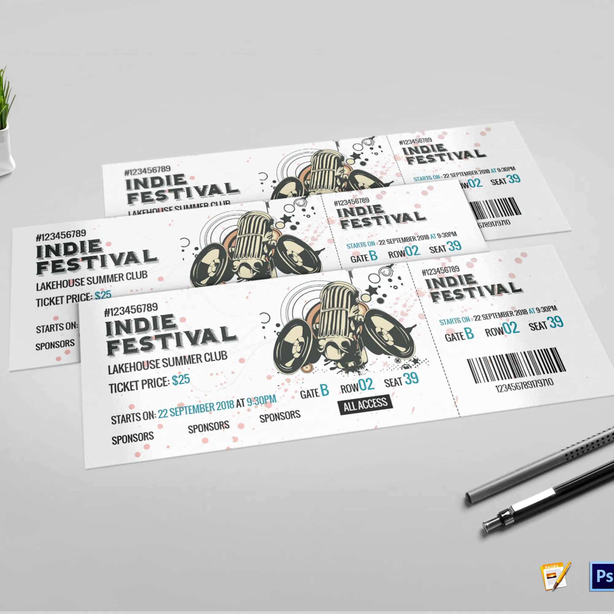 A collection of Indie Festival tickets outlining event specifics and unique design elements.