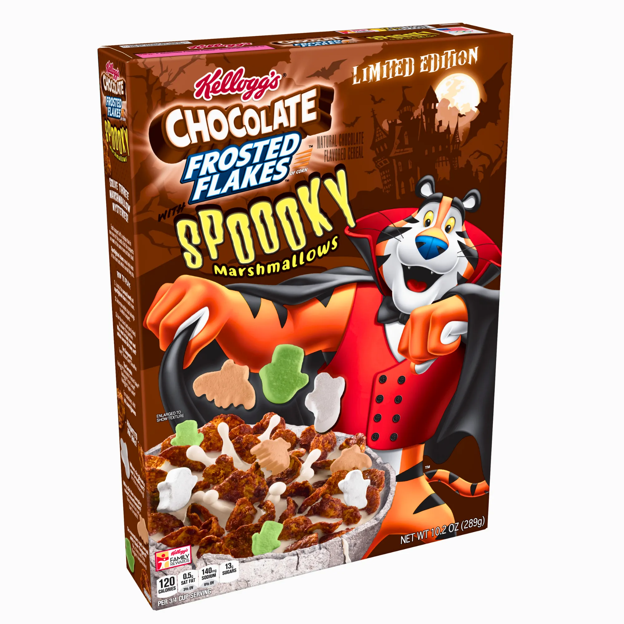 Another view of the Halloween themed Kellogg's Chocolate Frosted Flakes cereal box showing marshmallows and Tony the Tiger.