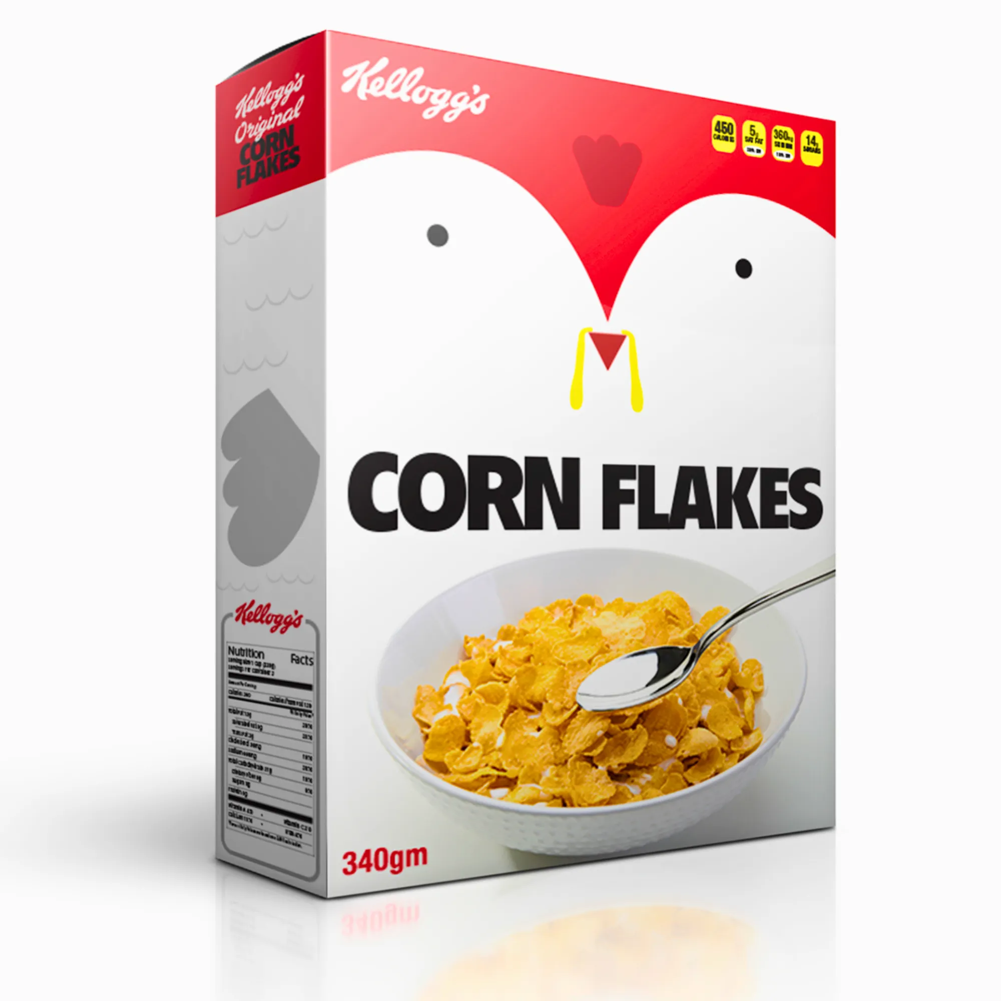 Kellogg's Corn Flakes box with a cute chicken graphic and a bowl of corn flakes.