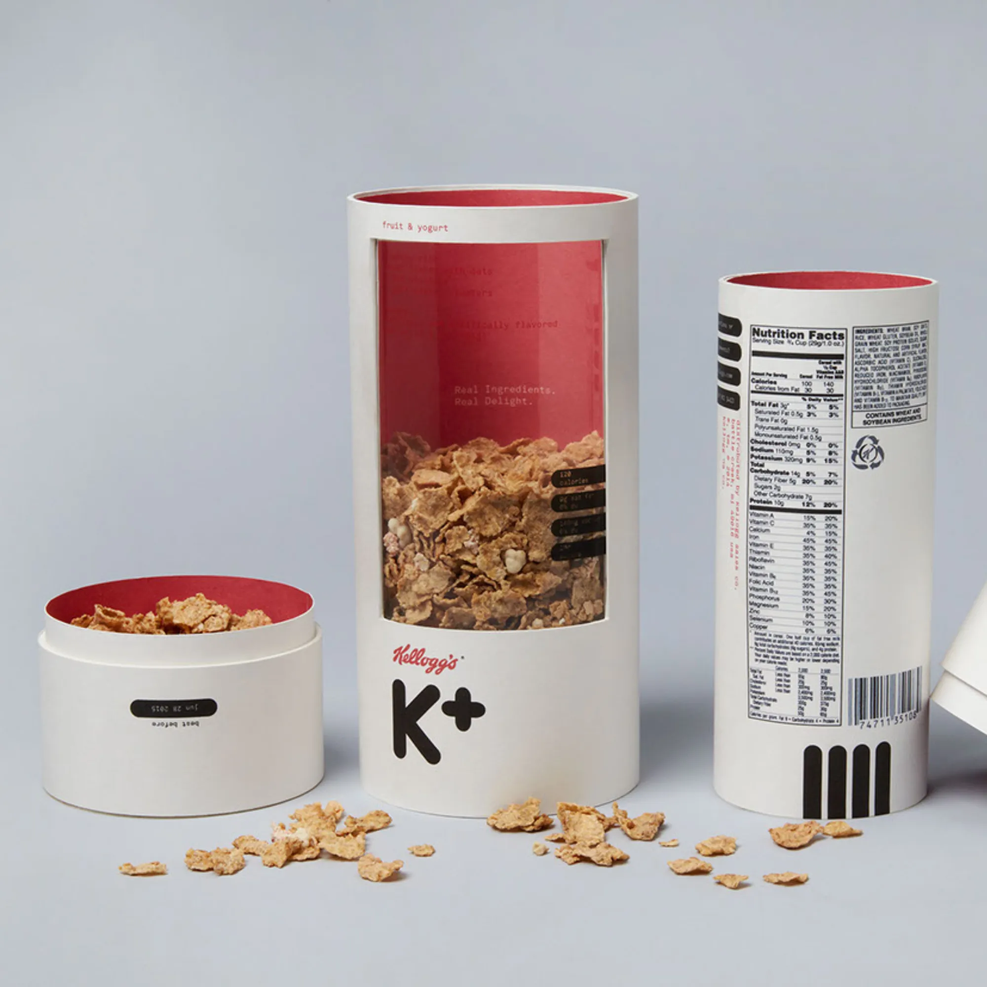 Unique round and cylindrical packaging for Kellogg's K+ cereal.