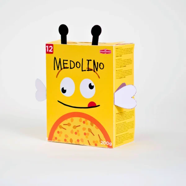Cute yellow cereal box featuring a smiling bee character.