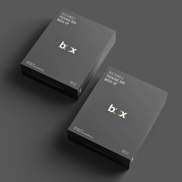 Minimalistic black rectangular boxes with elegant typography.