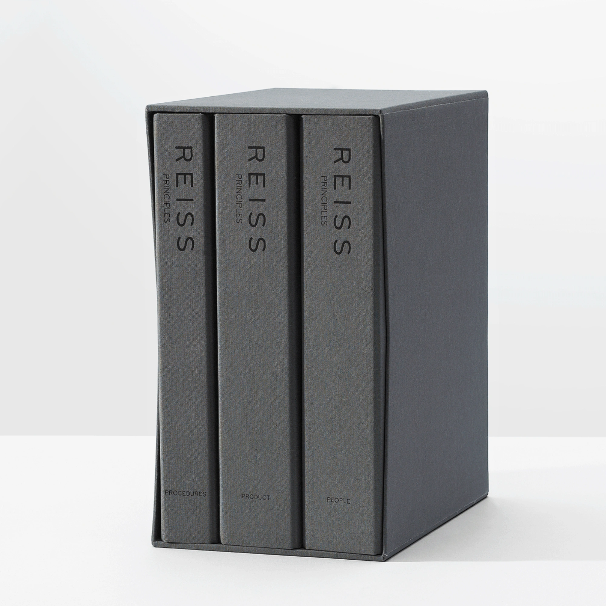 A grey book-style rigid box set with three volumes labeled "Procedures," "Product," and "People," presented in a matching case.