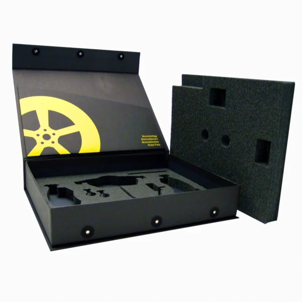 Open black box with foam insert for tool storage and presentation.