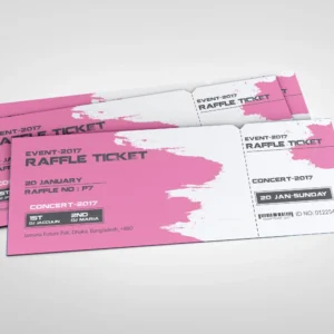 Pink concert raffle tickets with event details