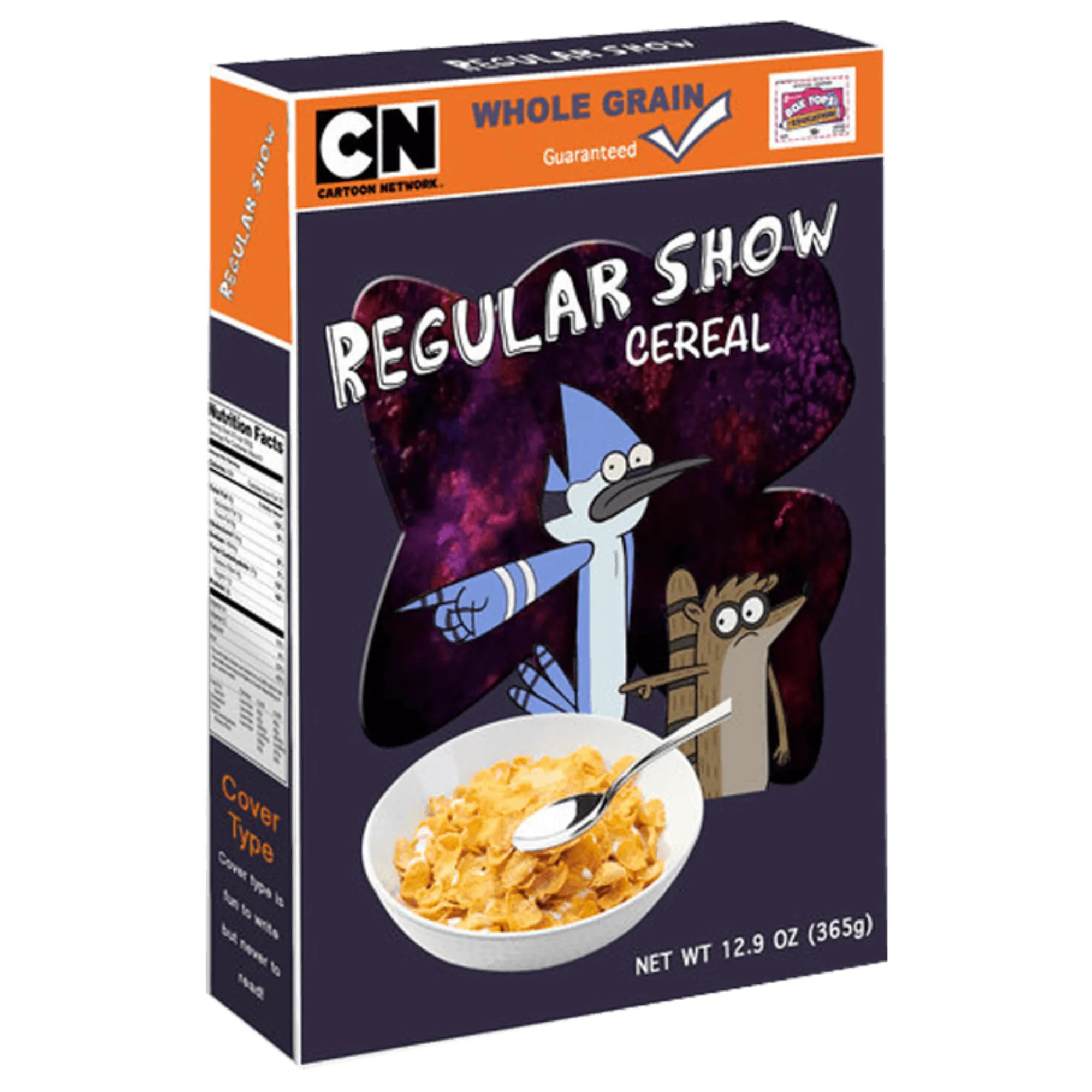 Cartoon Network's Regular Show cereal box with character designs.