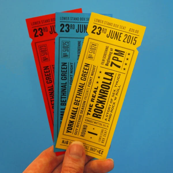 A set of colorful tickets for the film screening of "The Real Rocknrolla" held at York Hall.